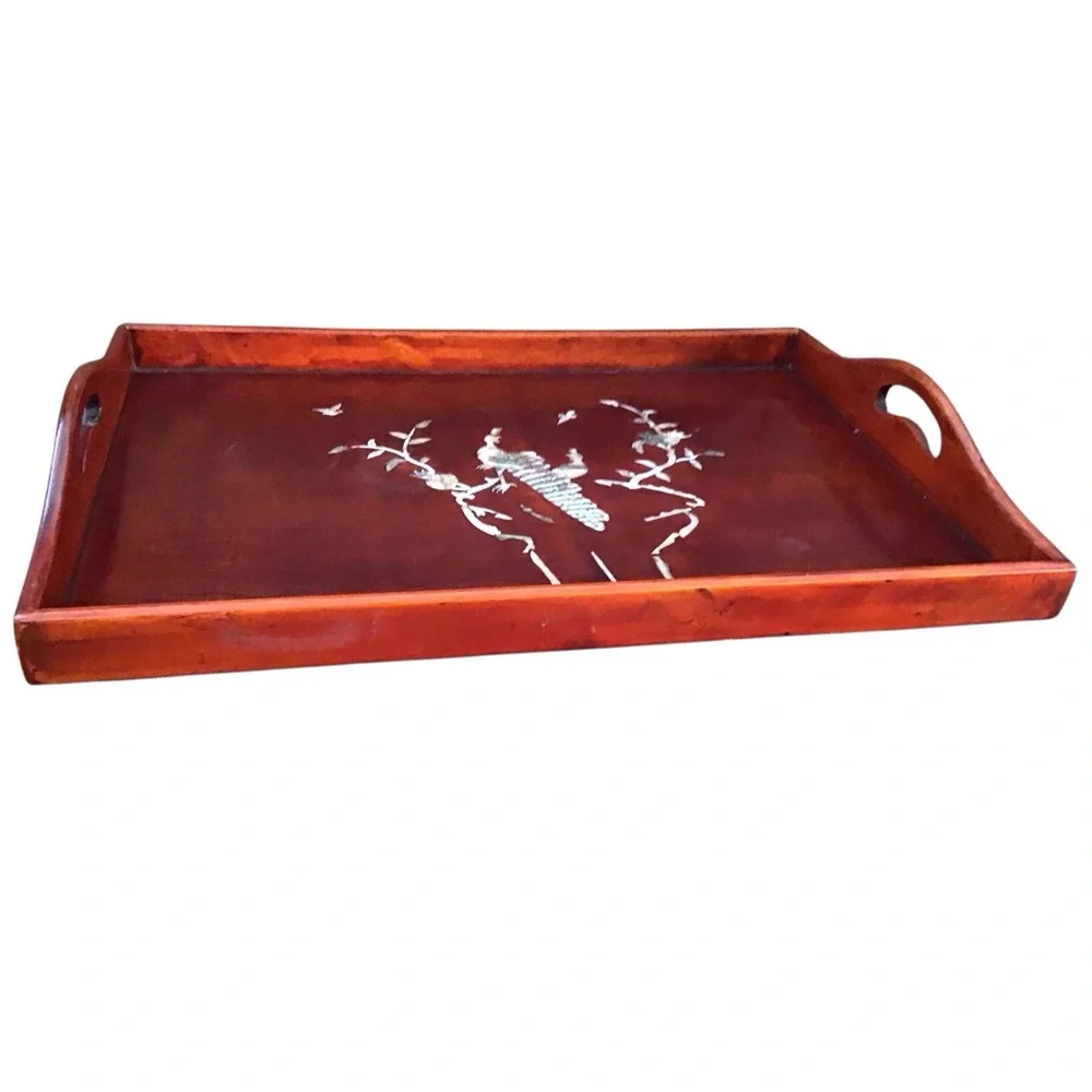 Asian Mahogany Shell Inlay Lacquer Tray Peacocks 17-1/2